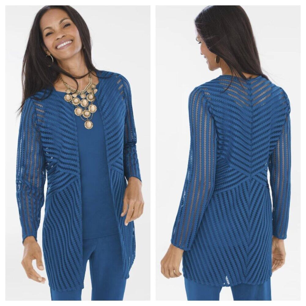 Chico's Women's Travelers Collection Pattern Strip Jacket Mercer Blue Size M/8